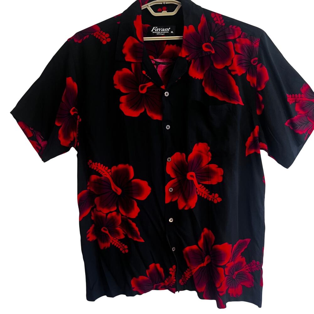 Y2K Vintage Favant Black Red Hibiscus Floral Hawaiian Shirt  XL Tropical Aloha